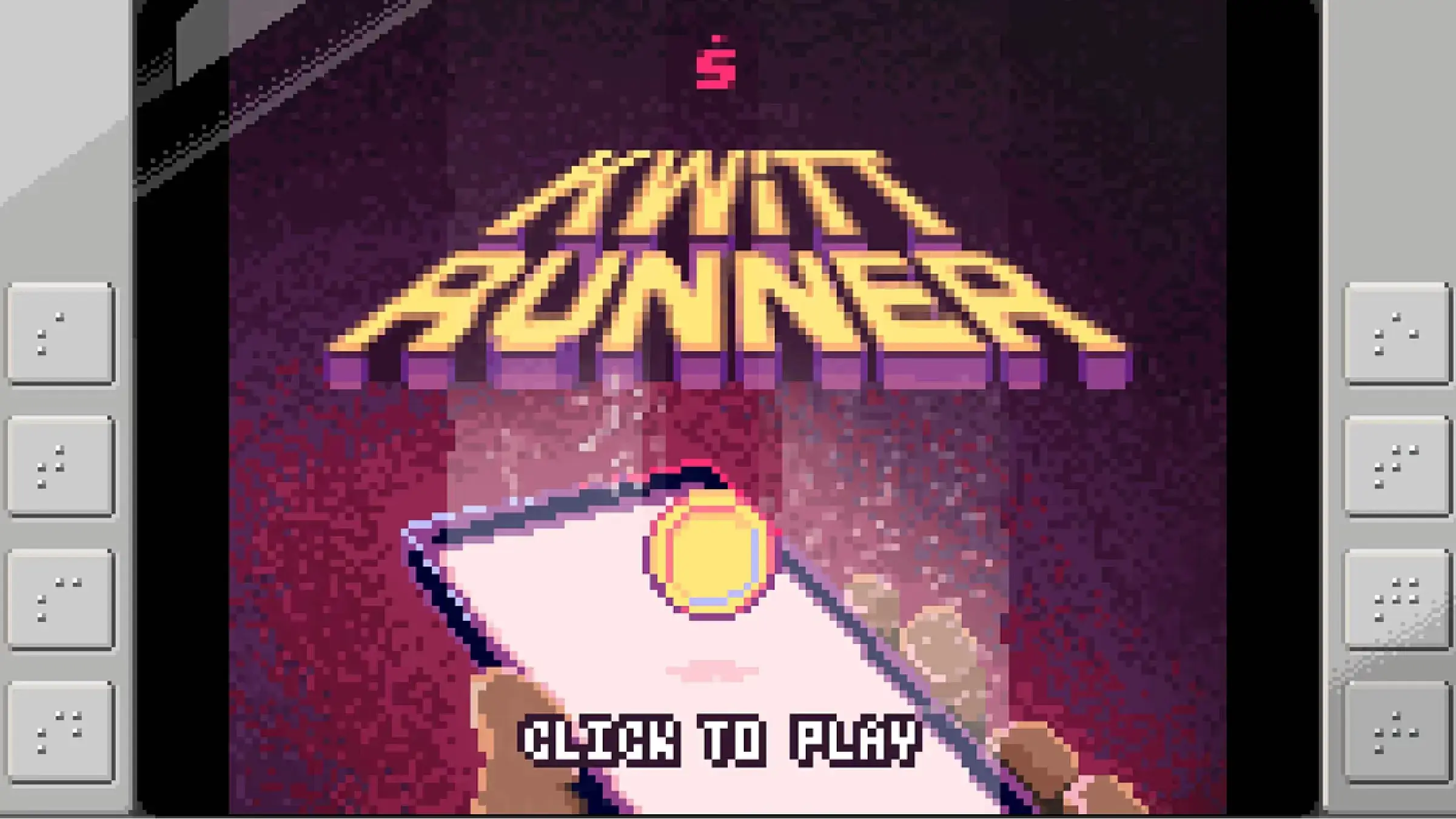 The Kwitt Runner start screen in pixel art: the game title above a hand holding a phone with a coin, and a click to play prompt.
