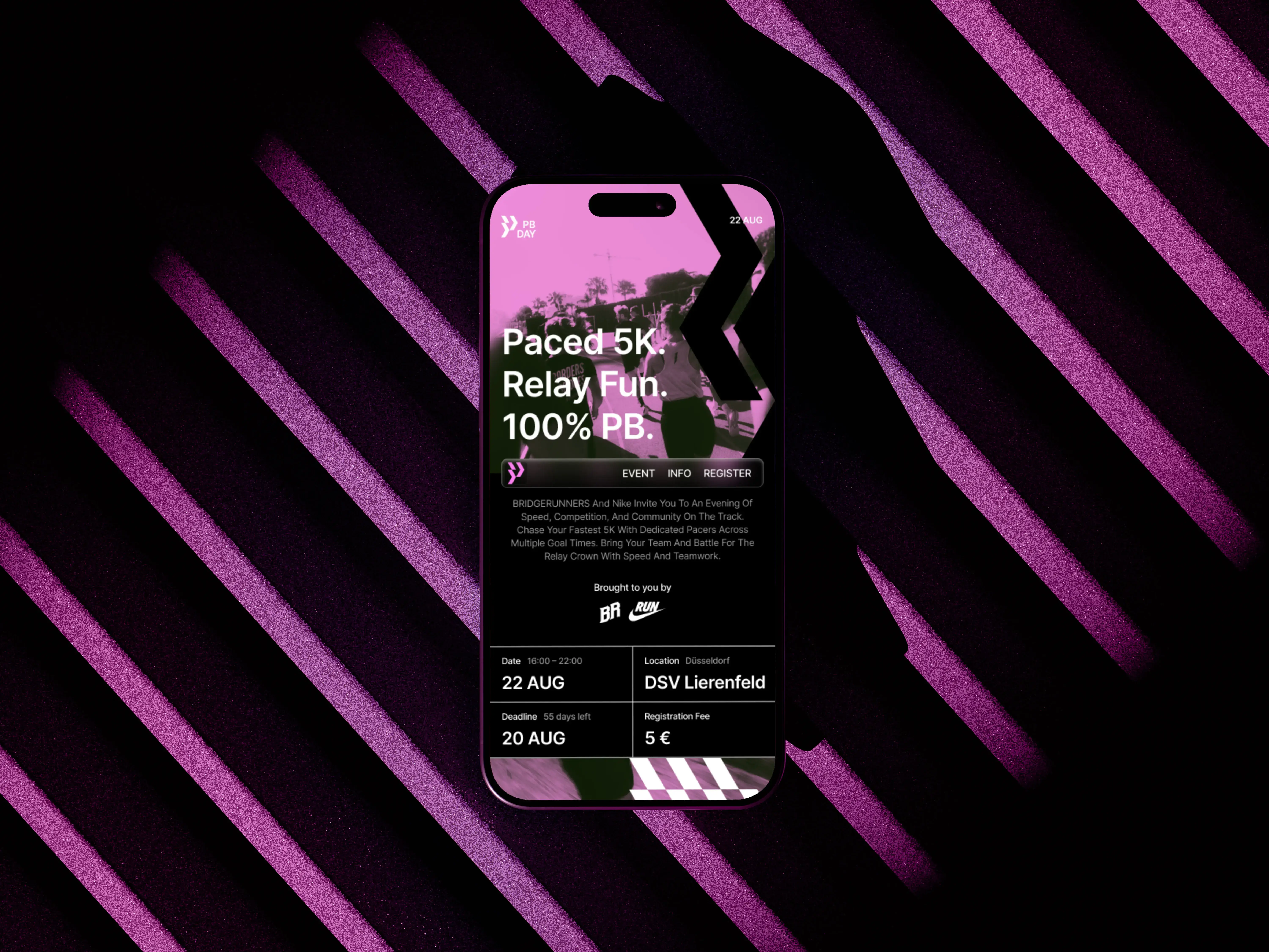 The PB Day site on a phone over pink diagonal stripes: the headline Paced 5K. Relay Fun. 100% PB. above the date, venue and registration details.