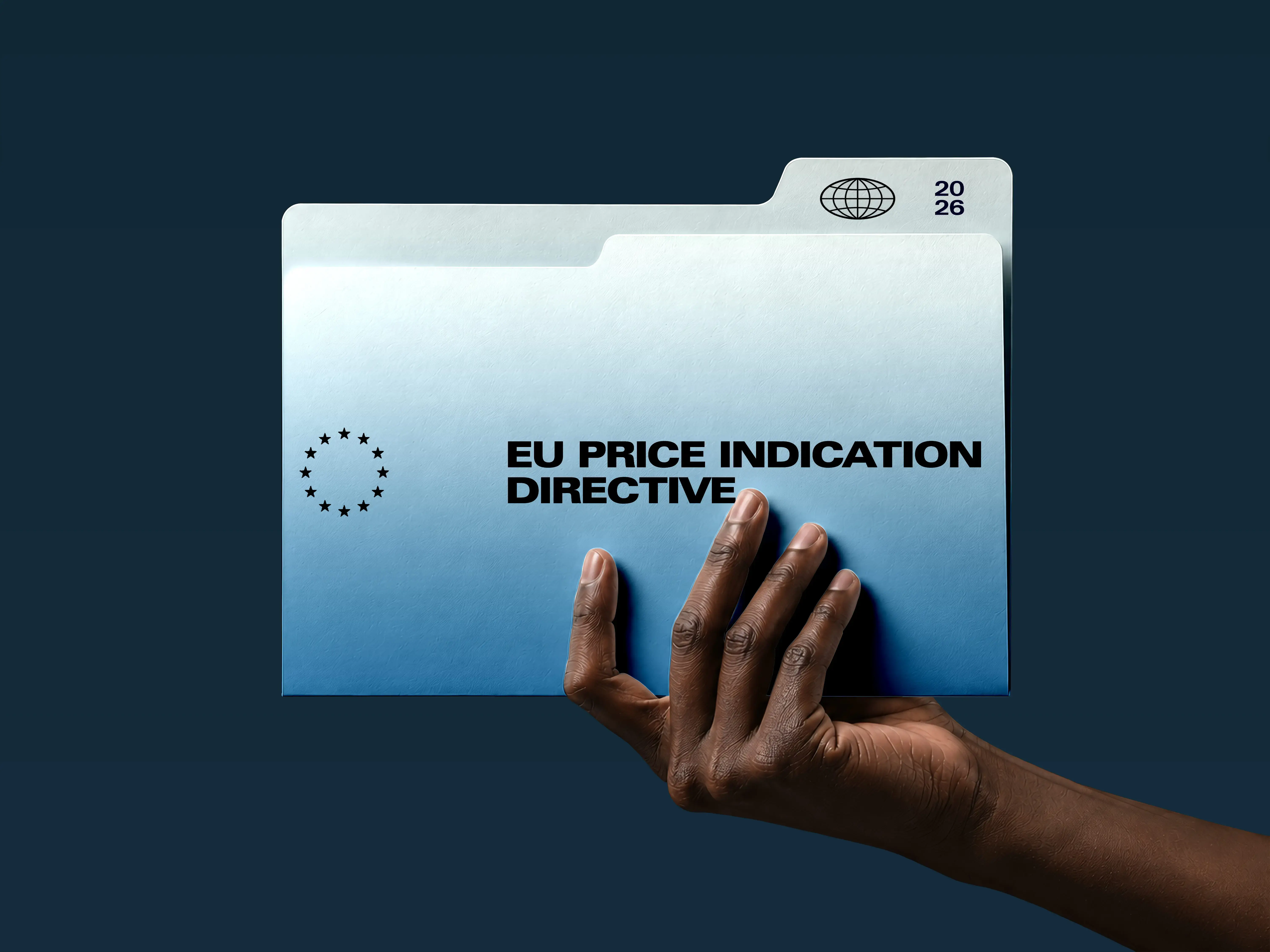A hand holding a blue folder labelled EU Price Indication Directive, with the EU stars and the year 2026 on the tab.