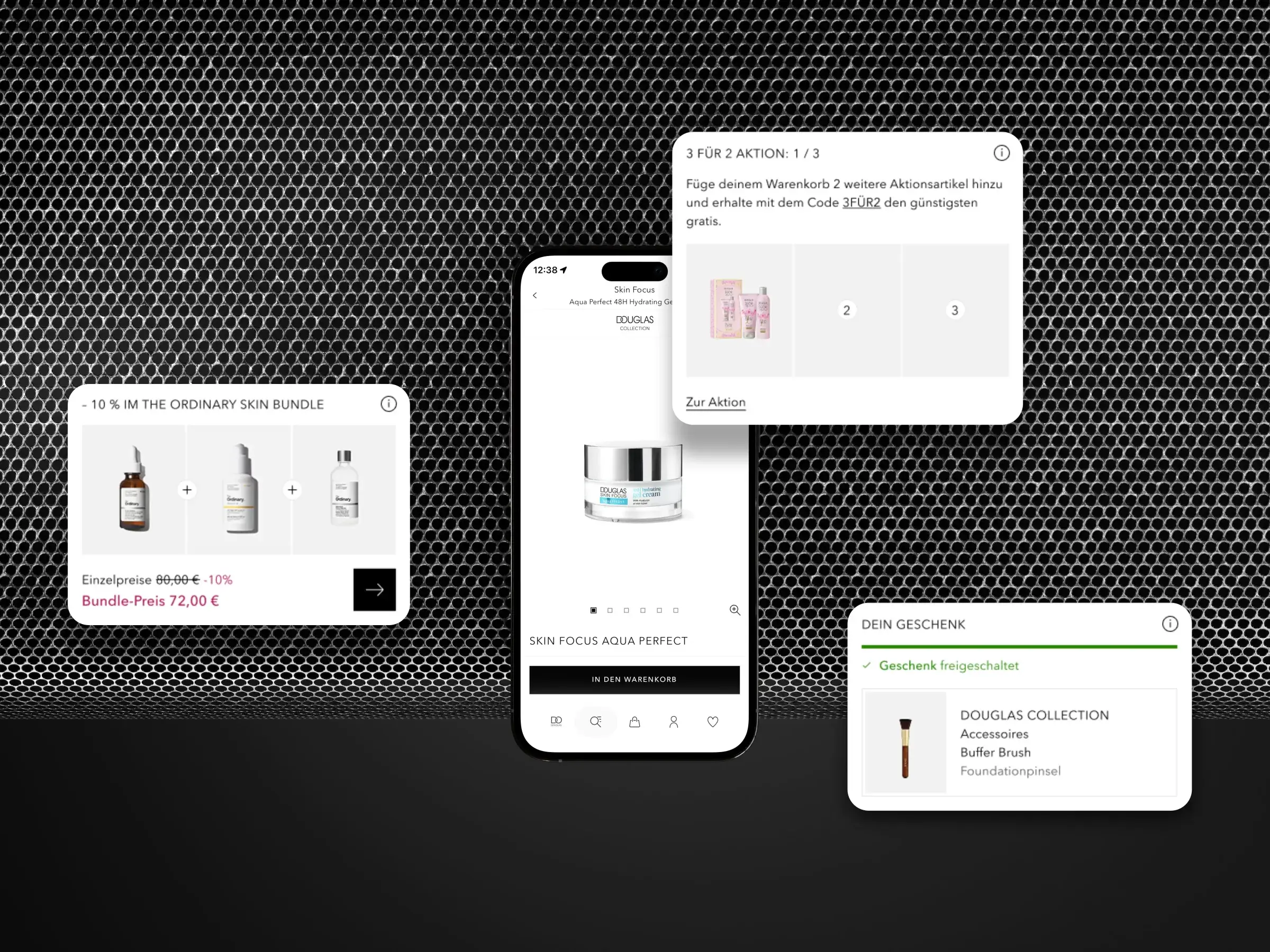 A product page on a phone surrounded by three promotion modules: a bundle with 10 % off, a 3-for-2 offer showing progress 1 of 3, and a free gift marked as unlocked.