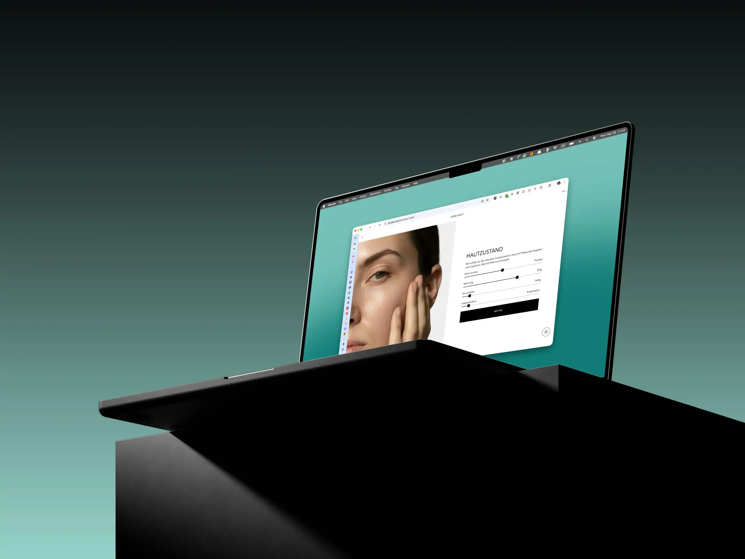 The skincare routine finder on a laptop: the skin condition step, with sliders for how the skin feels, next to a close-up portrait.
